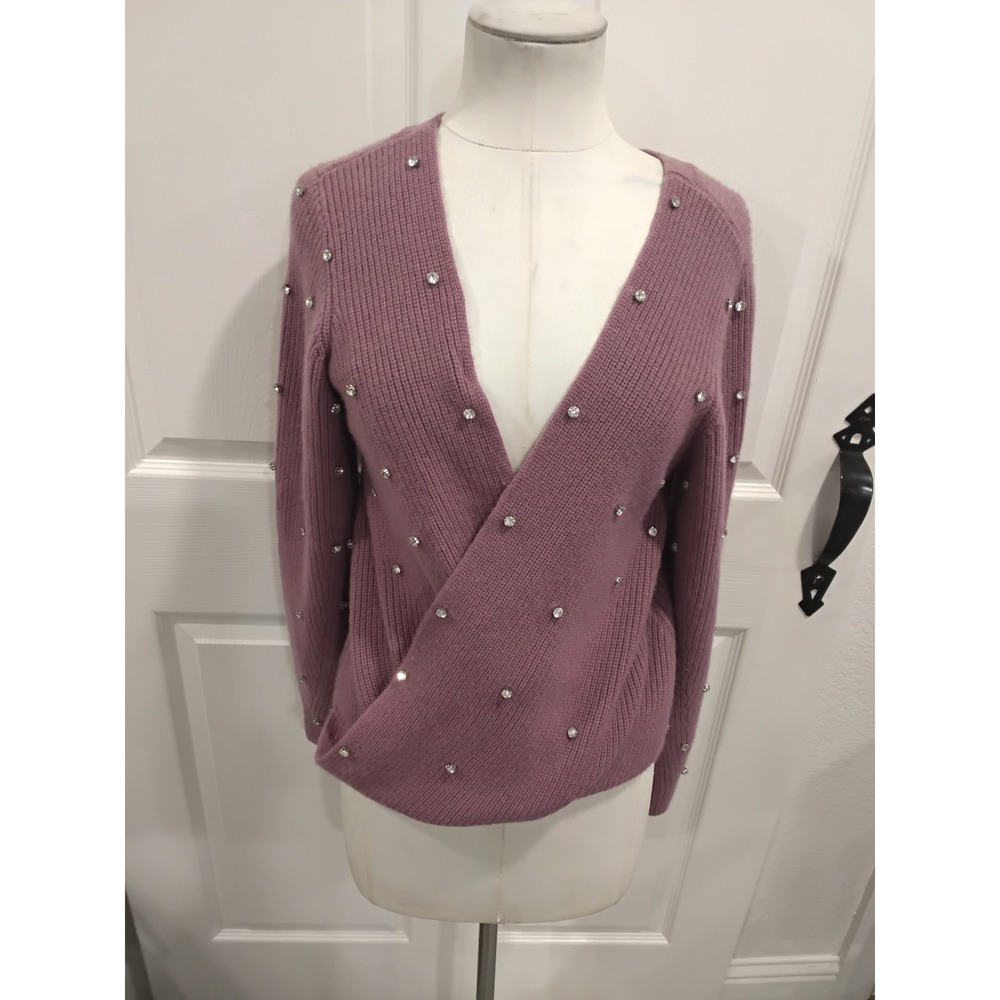 NWT Elie Tahari Womens Embellished Wrap V Neck Sweater Pullover Mauve Size M